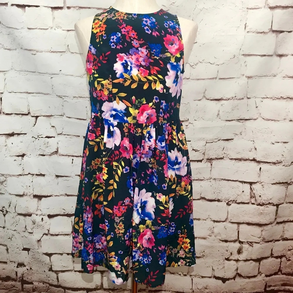 Yumi Kim Silk Sleeveless Floral Print Dress Blue Print Yellow Fit & Flare Size S